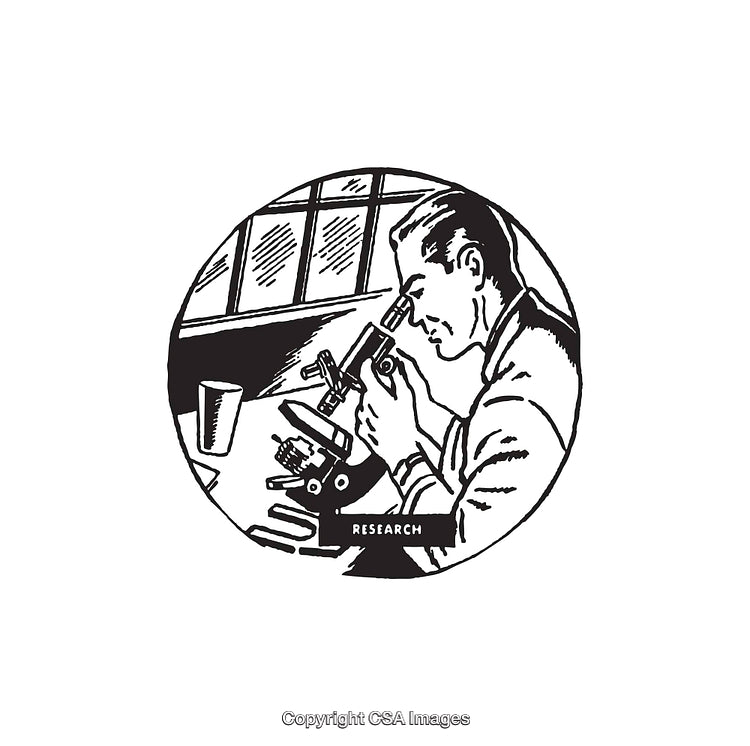 Scientist Observing Through Microscope in Black and White Illustration