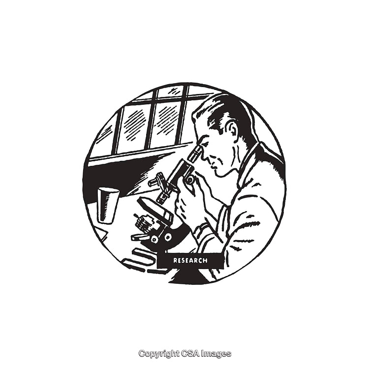 Scientist Observing Through Microscope in Black and White Illustration