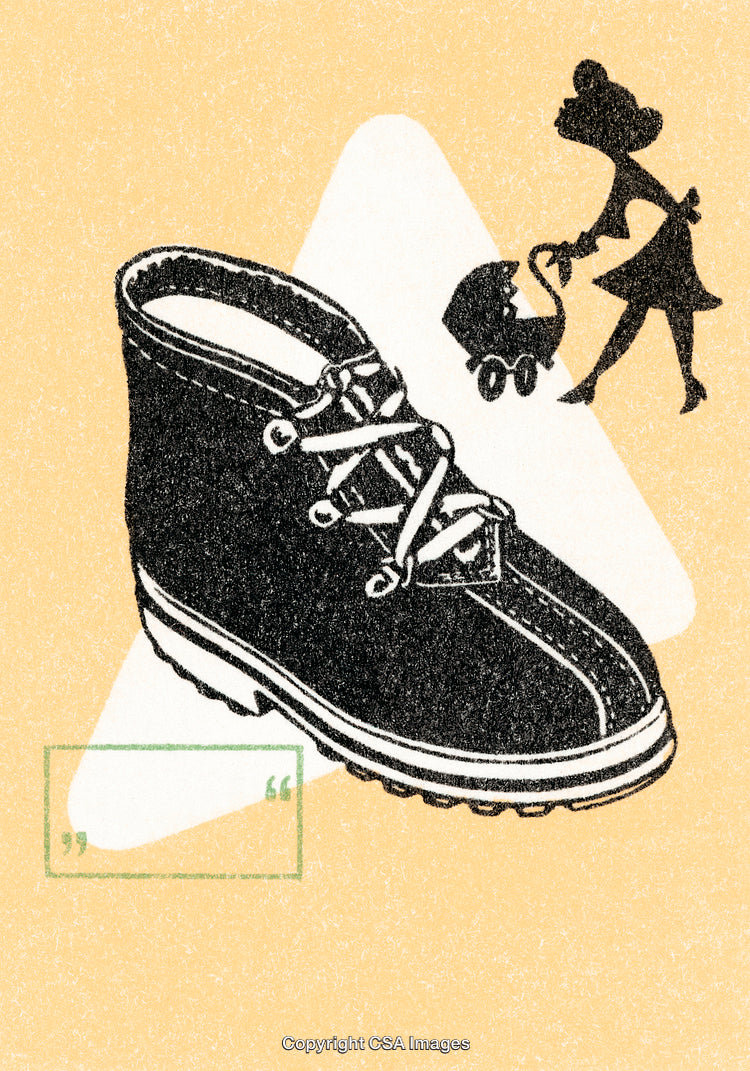 Vintage Silhouette with Shoe and Woman Pushing Baby Carriage