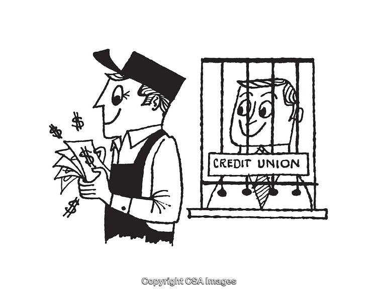 Black and White Line Art of Credit Union and Happy Customer