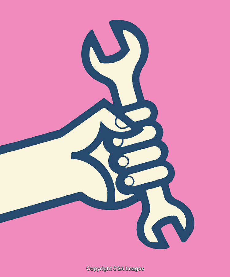 Vibrant Illustration of a Hand Holding a Wrench on Pink Background