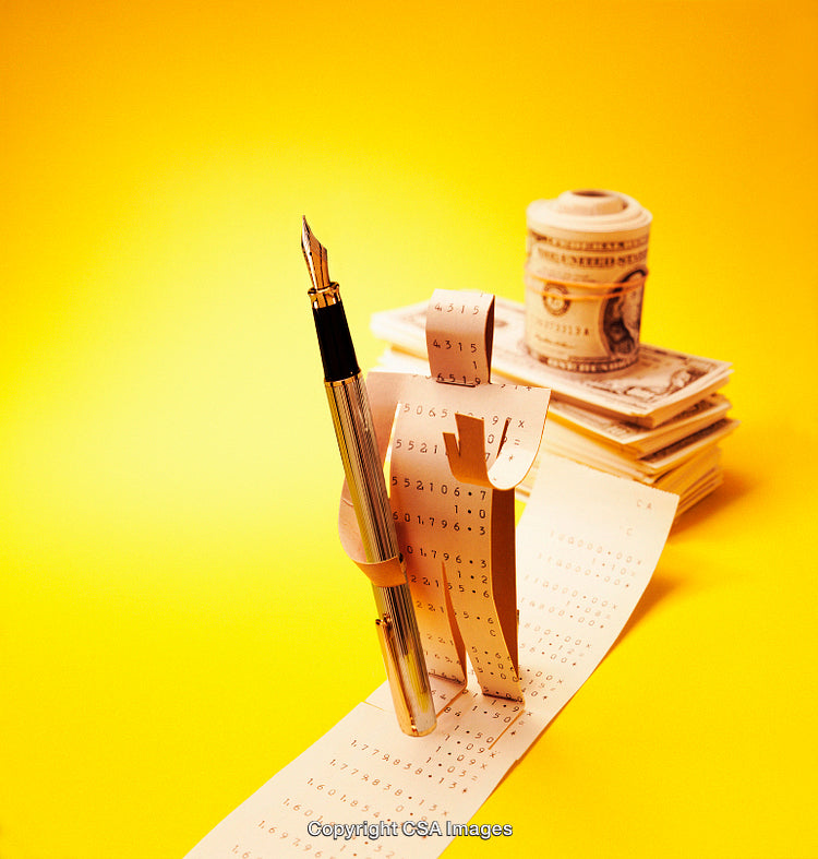 Calculator Printout With Pen Over Money Stack on a Yellow Background