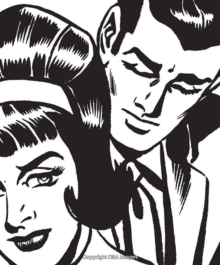 Retro Styled Black and White Illustration of a Couple in Close Proximity