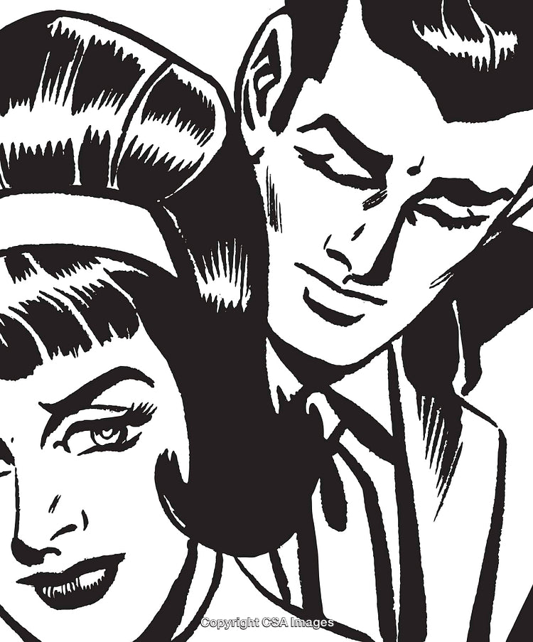 Retro Styled Black and White Illustration of a Couple in Close Proximity