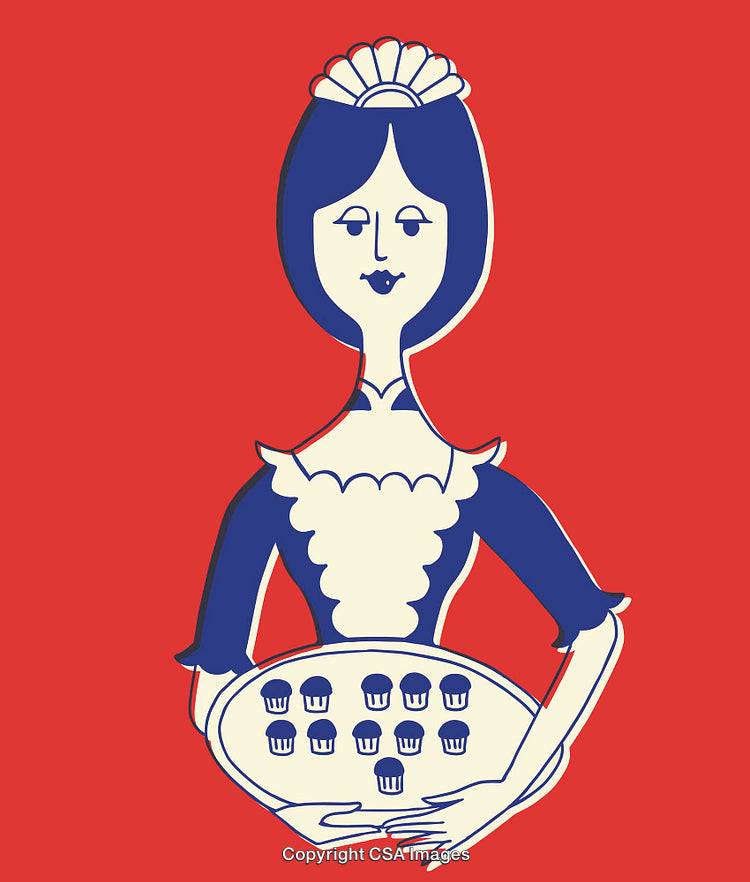 Stylized Drawing of a Baker Holding a Tray of Cupcakes