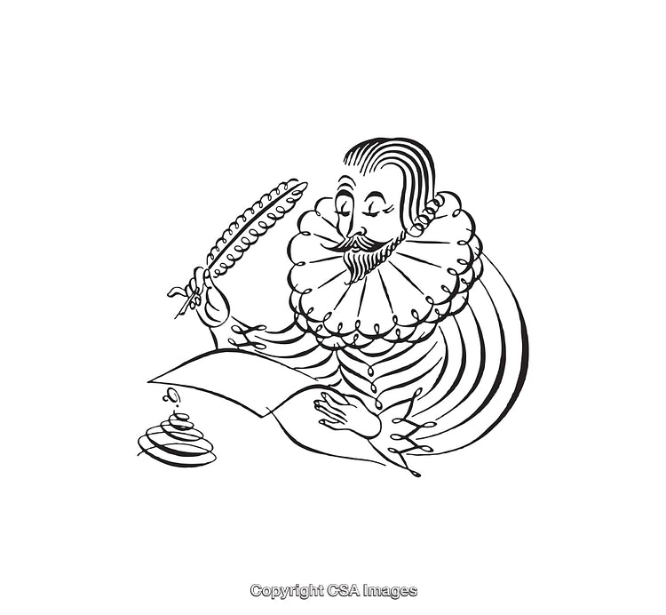 Black And White Illustration of Renaissance Writer With Quill Pen Drawing