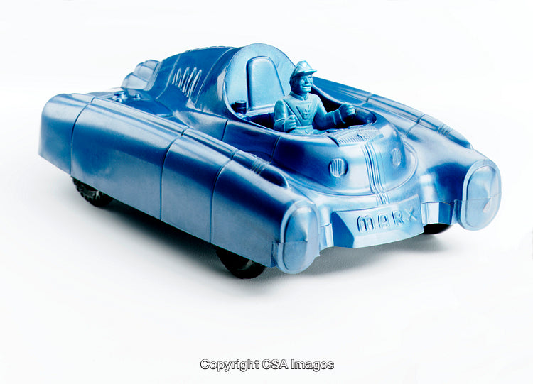 Vintage Blue Plastic Toy Car With Driver on White Background