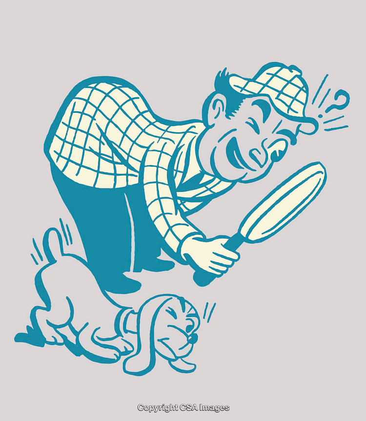 Retro Cartoon Detective Examining Clue with Dog Using Magnifying Glass