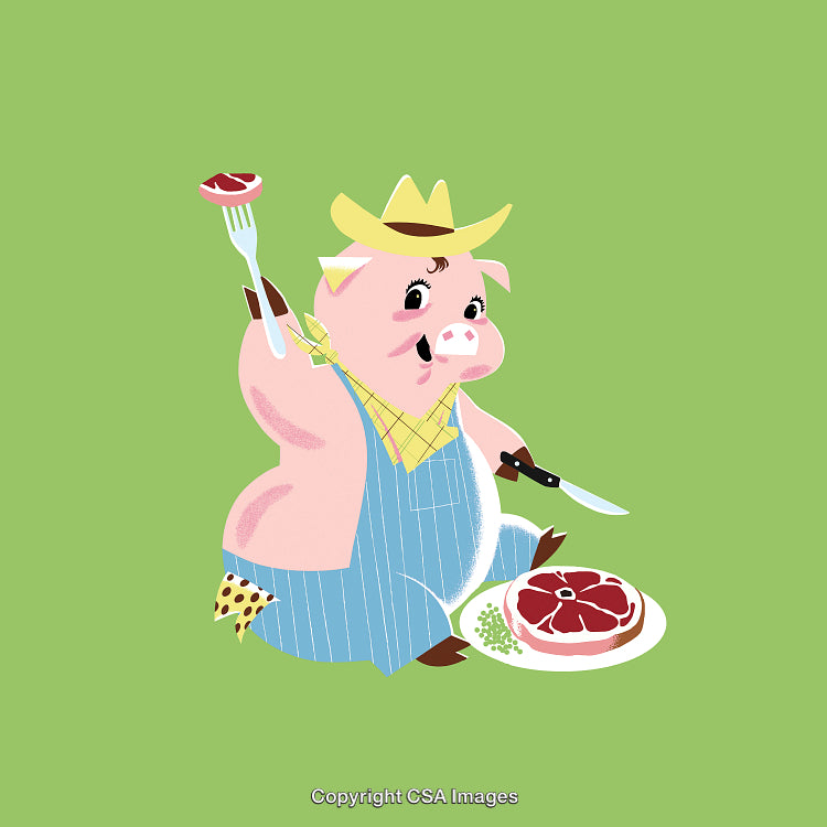Illustration of Cheerful Pig With Dinner in Bright Green Background