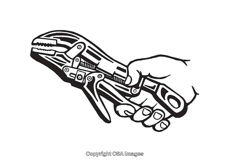 Black and White Line Art of Hand Holding Adjustable Locking Pliers