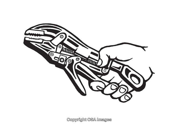 Black and White Line Art of Hand Holding Adjustable Locking Pliers