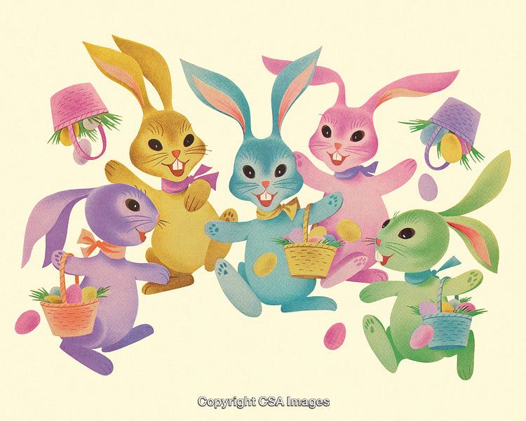 Colorful Cartoon Easter Bunnies Celebrating with Baskets and Eggs