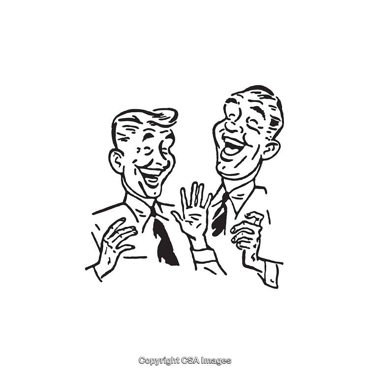 Retro Style Illustration of Two Laughing Men in Vintage Line Art