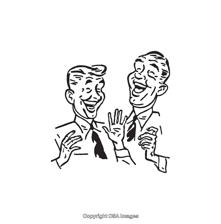 Retro Style Illustration of Two Laughing Men in Vintage Line Art