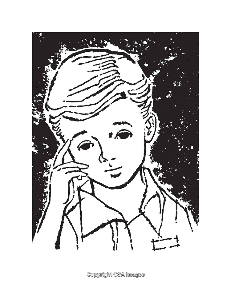 Retro Black-And-White Line Drawing of Pensive Boy in Thoughtful Expression