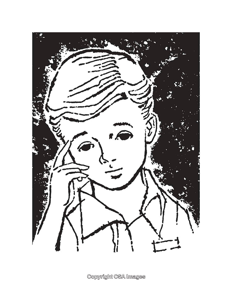 Retro Black-And-White Line Drawing of Pensive Boy in Thoughtful Expression