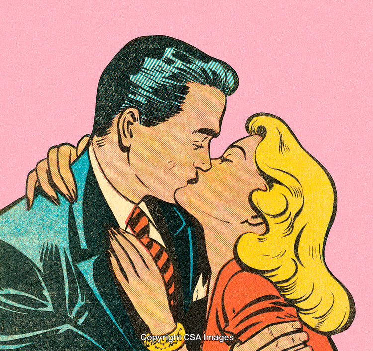 Retro Comic-Style Couple Kissing with Romantic Aesthetic