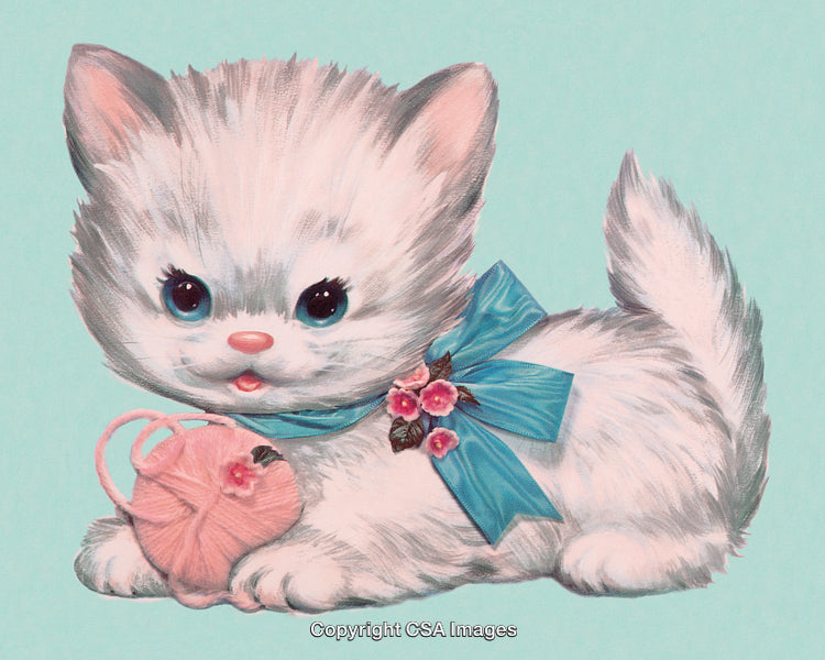 Cute Fluffy Kitten with Flower Bow and Pink Yarn Ball