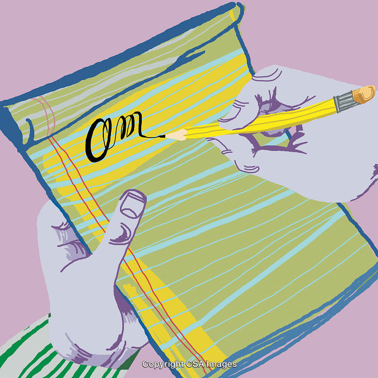 Vibrant Illustrated Hands Writing With Pencil on Lined Notebook Paper
