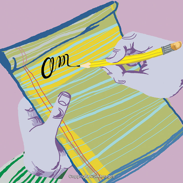 Vibrant Illustrated Hands Writing With Pencil on Lined Notebook Paper