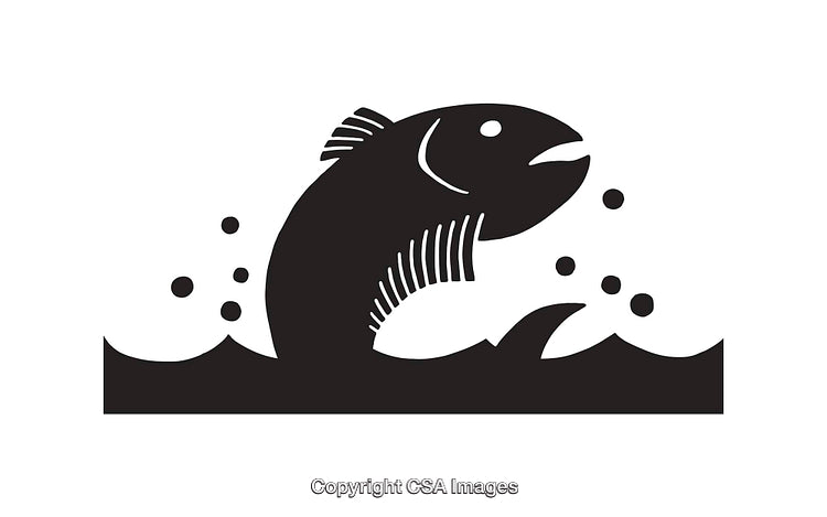 Black And White Illustration of Fish Jumping Out of Water with Bubbles