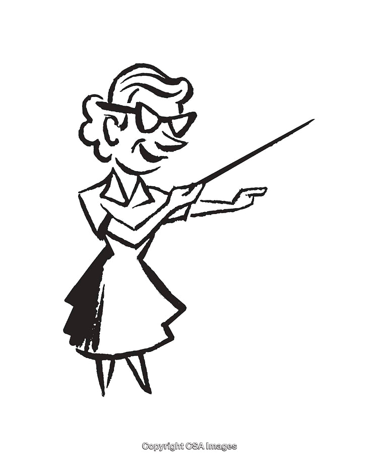 Vintage Line Art Illustration of a Woman Pointing with a Pointer