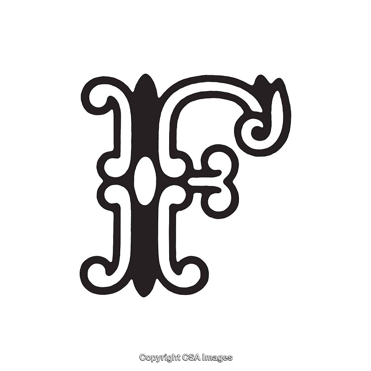 Intricately Designed Decorative Letter F in Bold Black Typeface