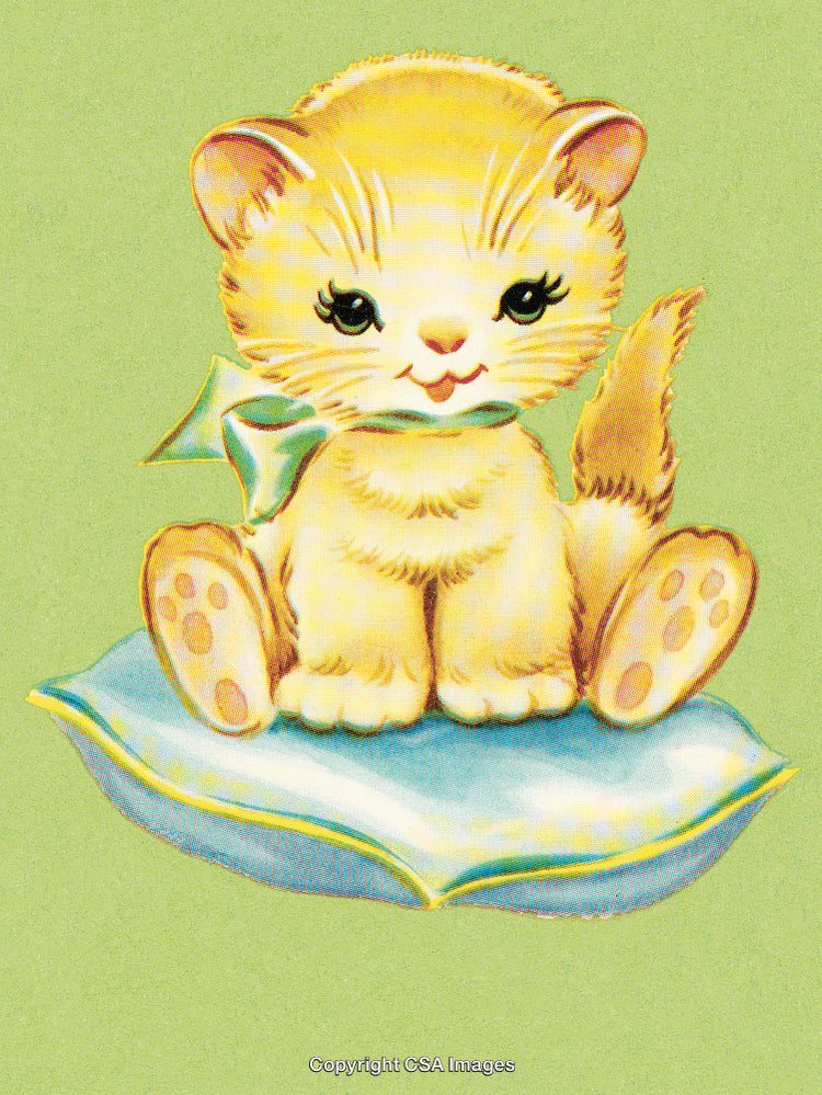 Adorable Yellow Kitten Sitting on a Blue Pillow with a Green Background