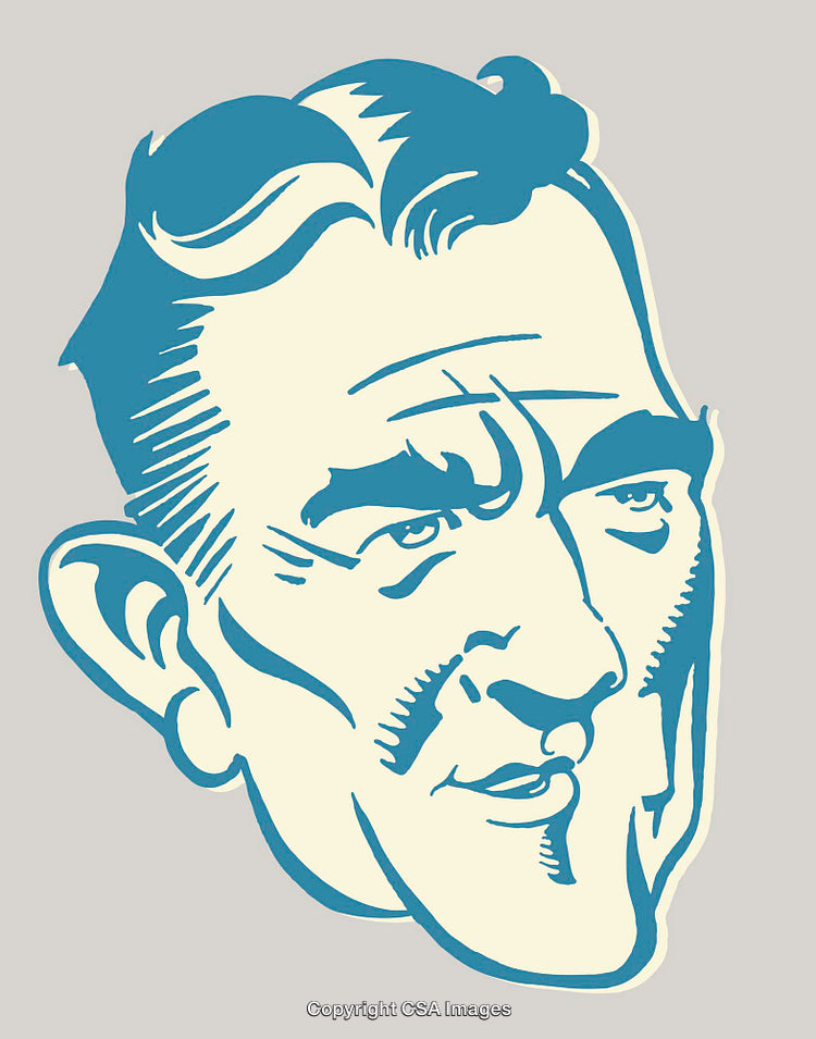 Retro Line Art Illustration of a Confident Man's Face in Blue Tones