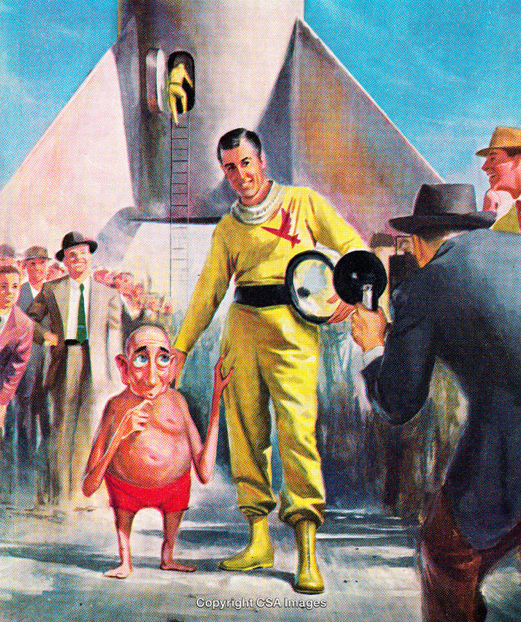 Retro Space Adventure Scene Depicting Alien Interaction and Rocket Launch