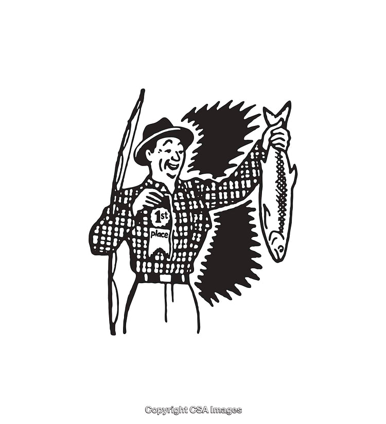 Black and White Illustration of a Fisherman Celebrating a First Place Win