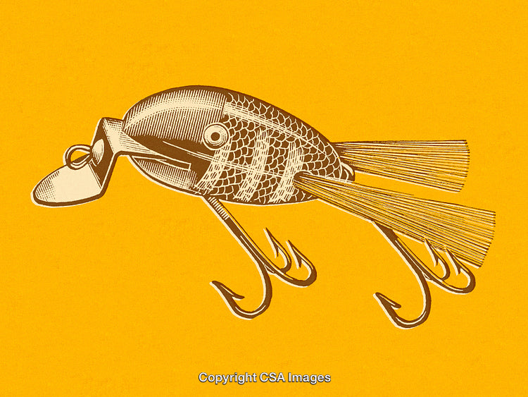 Vintage Graphic of Fishing Lure with Hooks on Yellow Background