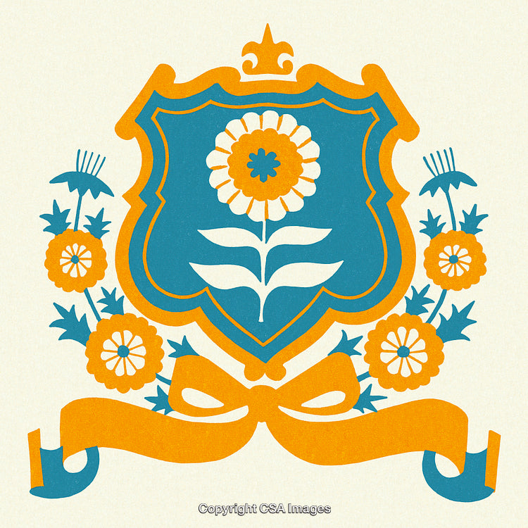 Floral Emblem with Shield and Ribbon in Blue and Orange Colors