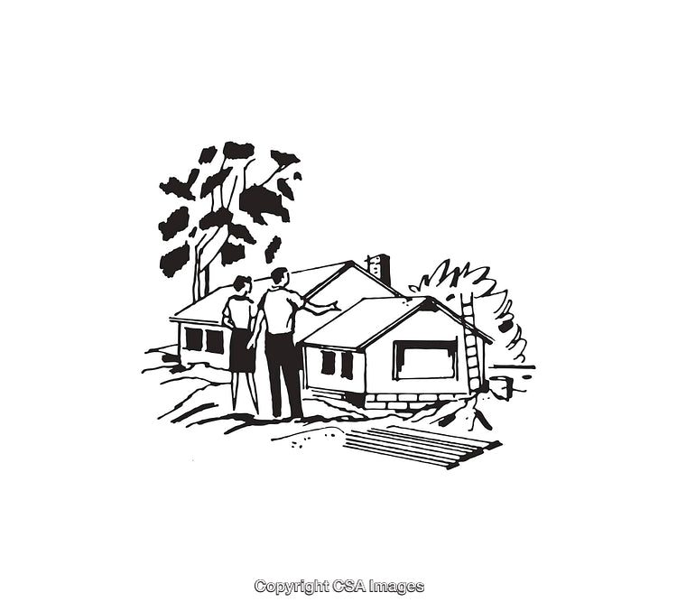 Black And White Illustration of a Couple Viewing a House With Trees