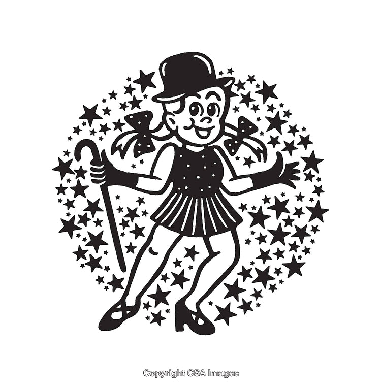 Retro Line Art of Tap Dancing Girl with Stars and Fancy Accessory