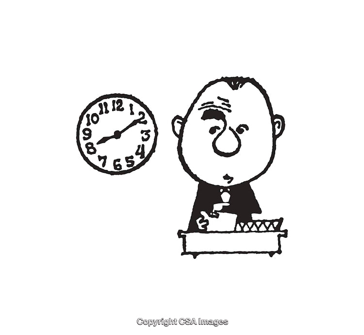 Black and White Cartoon Figure with Clock and Desk Illustration