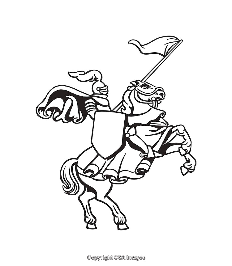 Medieval Knight on Horseback Line Art Illustration with Armor and Shield