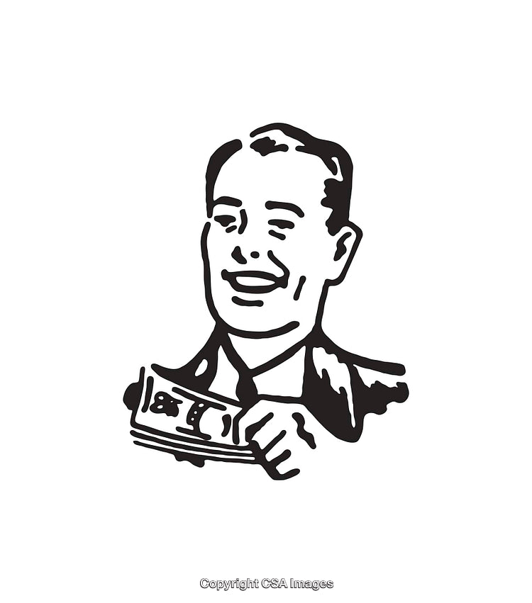 Retro Style Line Art of Smiling Businessman Holding Money