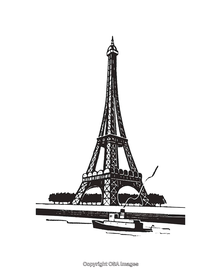 Black and White Illustration of Eiffel Tower with River and Boat Scene