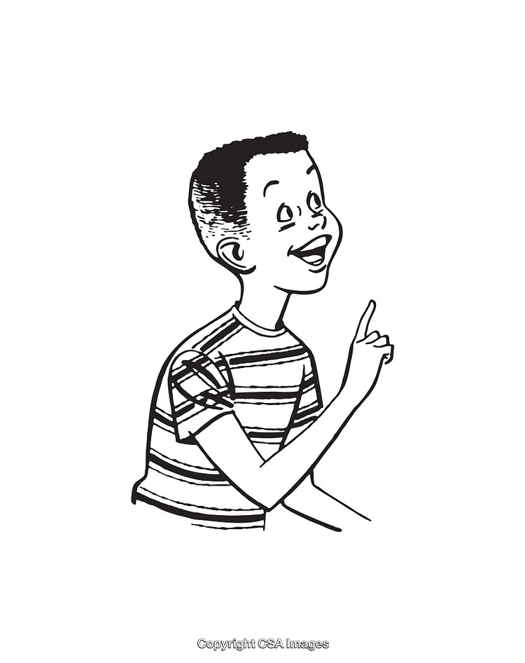 Black and White Illustration of Cheerful Boy Pointing in Striped Shirt