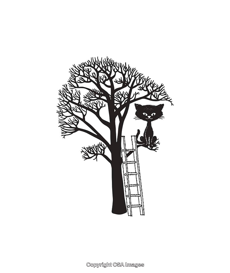 Black And White Illustration of a Cat in a Tree with a Ladder