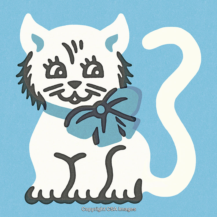 Whimsical Cartoon White Cat Illustration With Blue Bow on Light Blue Background