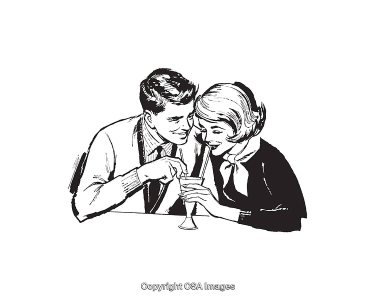 Retro Line Art of a Smiling Couple Sharing a Milkshake Together