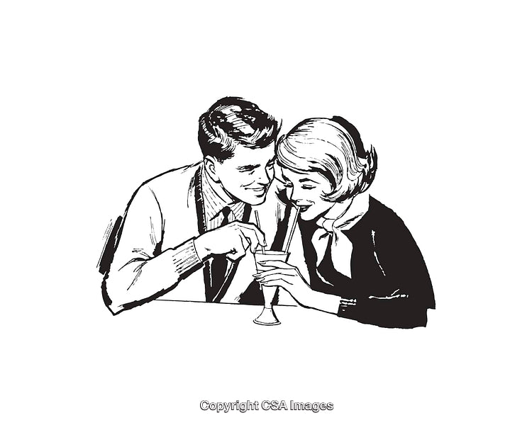 Retro Line Art of a Smiling Couple Sharing a Milkshake Together