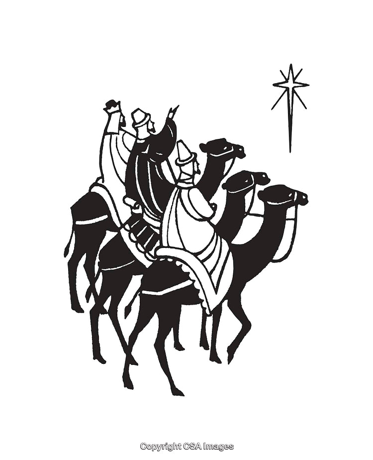 Three Wise Men Following a Star in Black and White Line Art