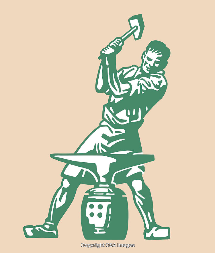 Blacksmith Working at Forge with Anvil and Hammer Line Art Illustration