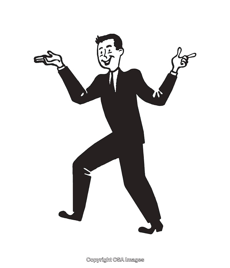 Vintage Style Black and White Illustration of a Happy Man in a Suit