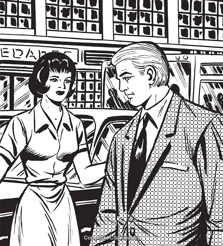 Retro Illustration of a Man and Woman in a City Setup