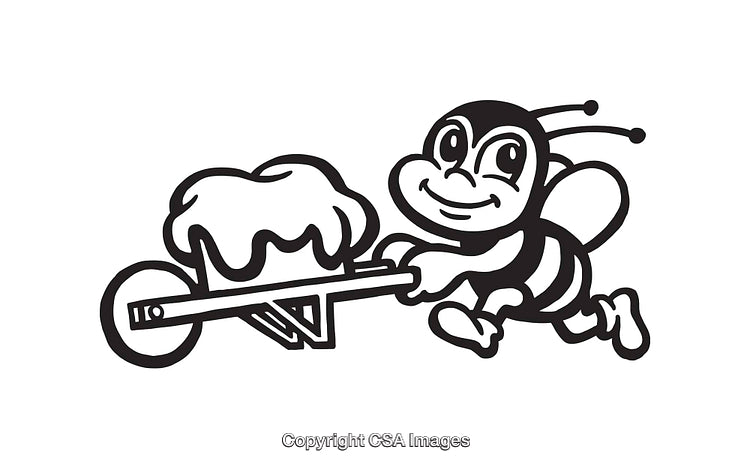 Cartoon Bee With Wheelbarrow Carrying Honey in Line Art Style