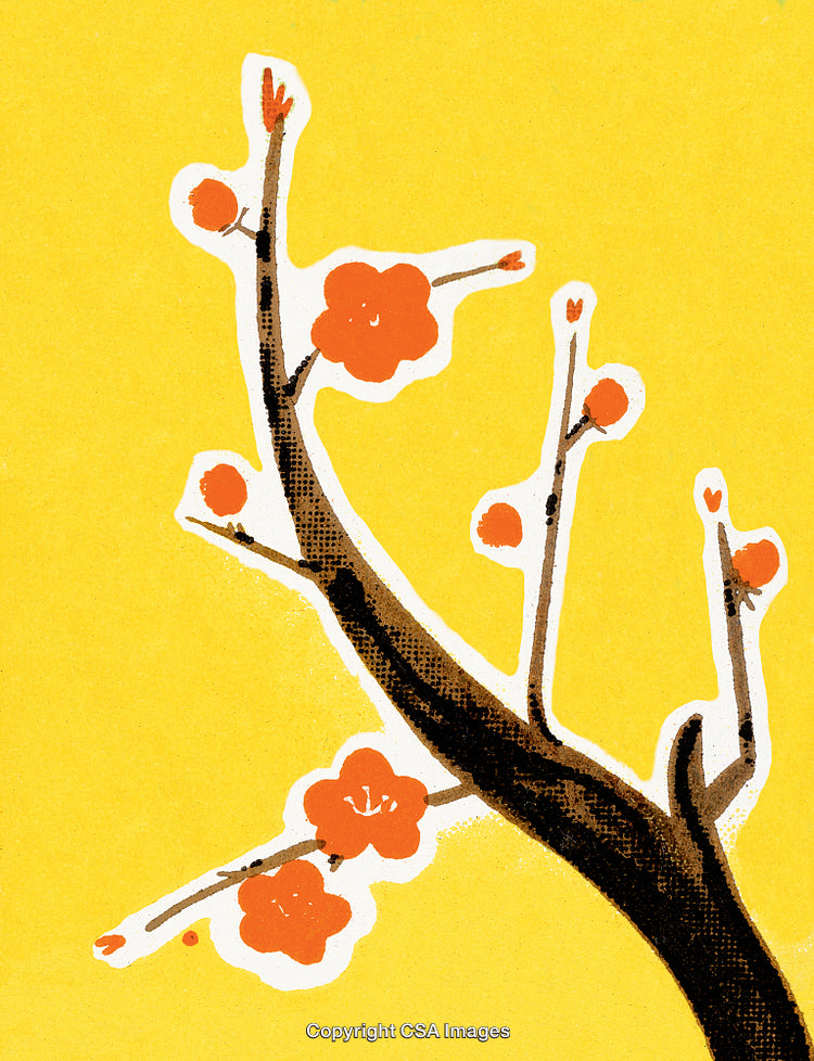 Artistic Branch Illustration with Orange Flowers on Vibrant Yellow Background